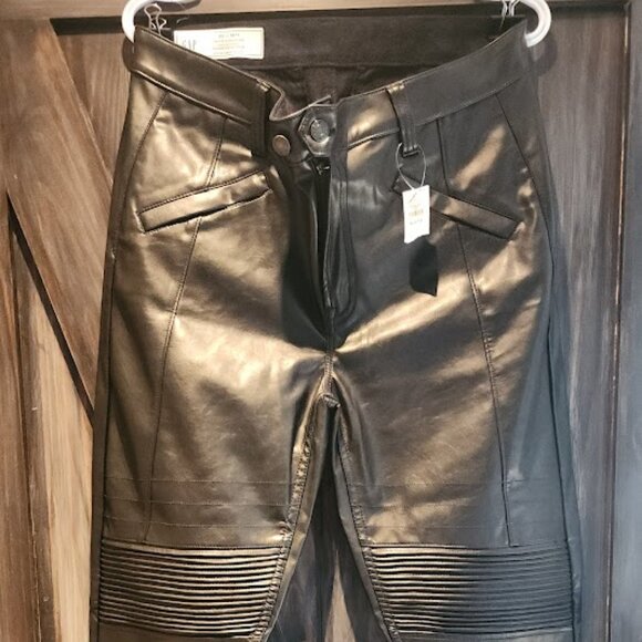 Mid Rise Vegan Leather Moto Vintage Slim Pants - Picture 1 of 4